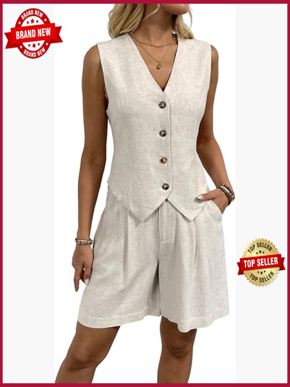 Linen Vest and Shorts 2 Piece Outfit Summer Suit Set